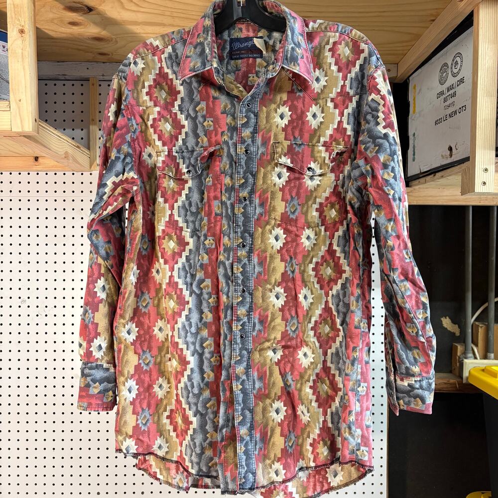 Vintage 80s Wrangler Southwestern Aztec Pattern Long Sleeve Button Up